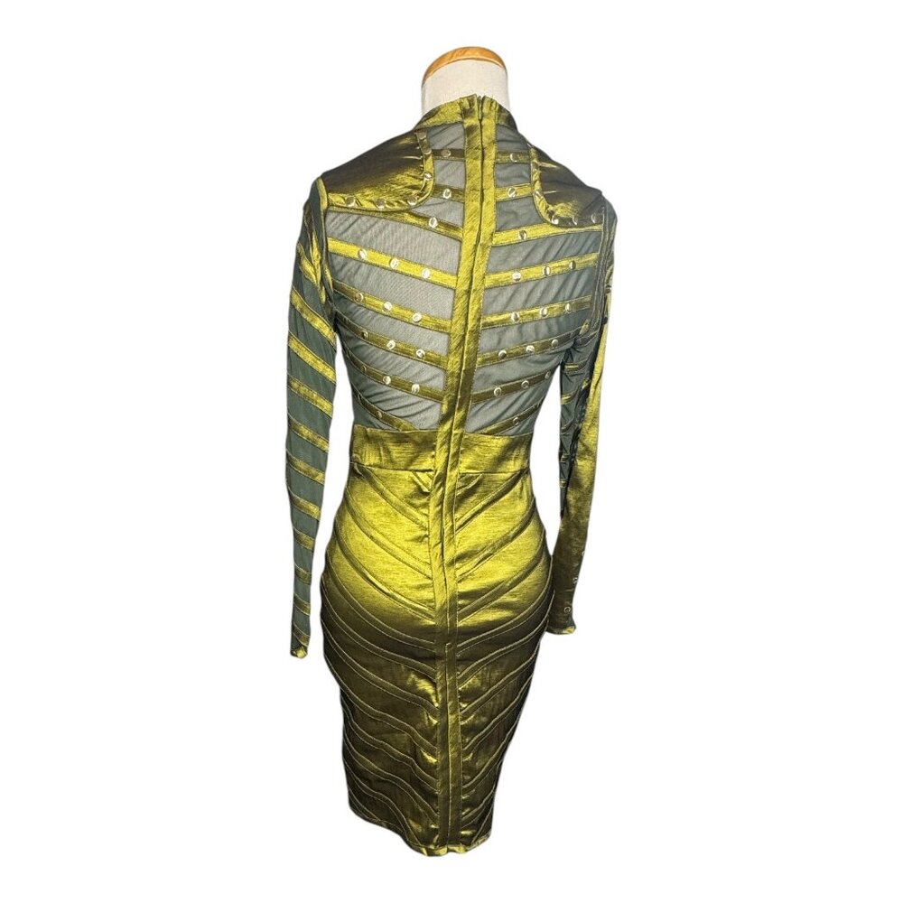 Studded Mesh Bandage Sexy Metallic Green Bodycon Mini Dress - Picture 4 of 10